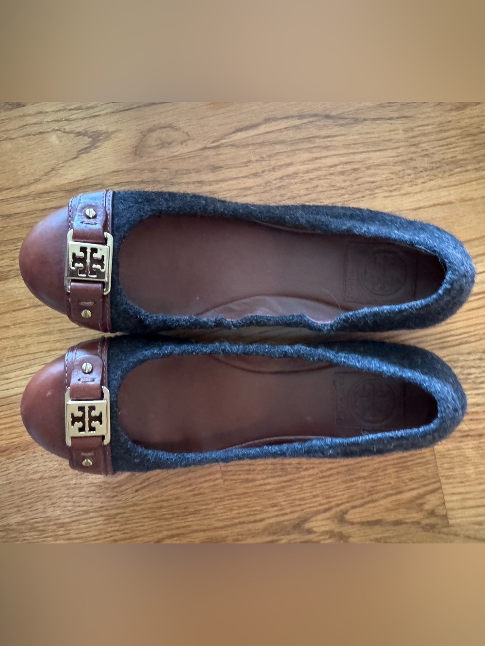 Tory Burch- Brown Leather & Charcoal Wool Ballet Flats
